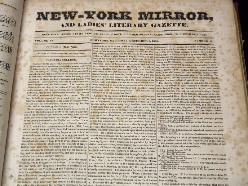 1828-1829 NEW YORK MIRROR AND LADIES GAZETTE BOUND VOLUME NO. 6 - KD 4675J