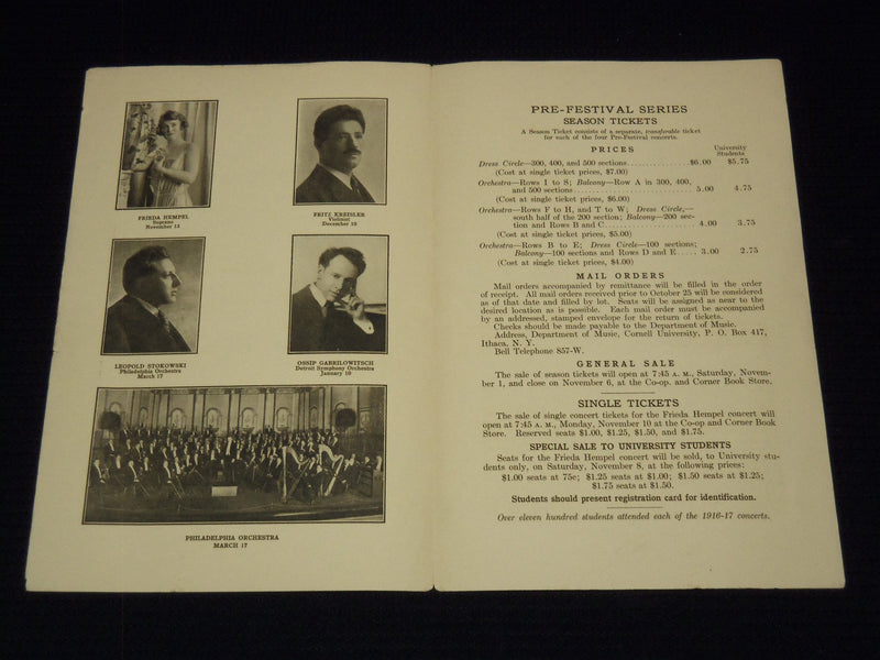 1919-1920 CORNELL UNIVERSITY CONCERTS PROGRAM - KREISLER - J 7527