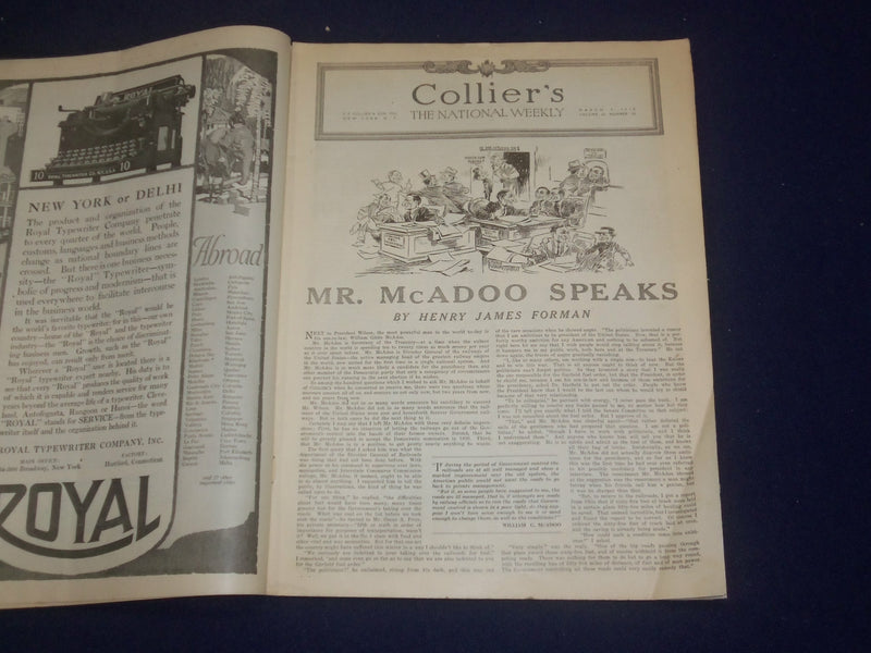 1918 MARCH 9 COLLIER'S MAGAZINE - MR. MCADOO SPEAKS - ST 6728