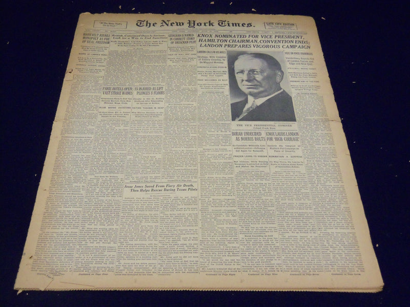 1936 JUNE 13 NEW YORK TIMES - KNOX NOMINATED FOR VICE PRESIDENT - NT 2108