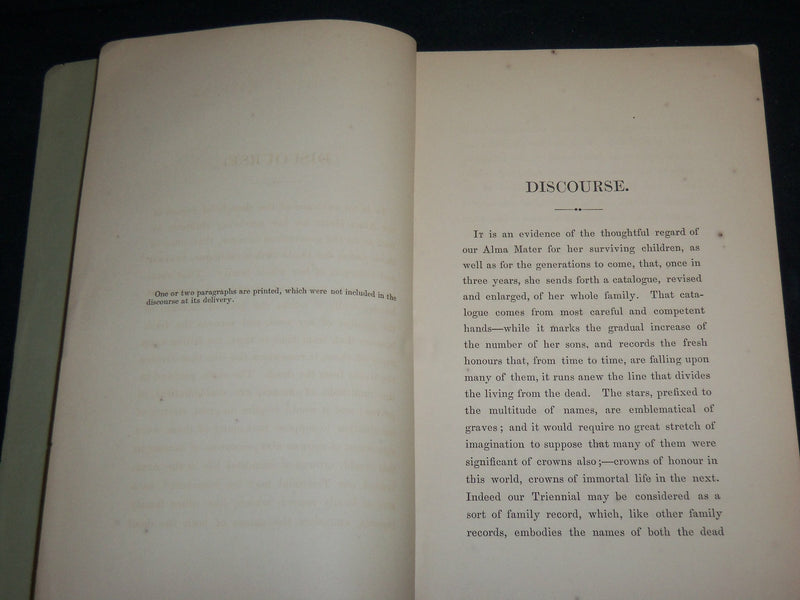 1860 ALUMNI DISCOURSE OF YALE COLLEGE ADDRESS BY WILLIAM SPRAGUE - J 6712