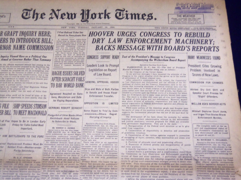 1930 JAN 14 NEW YORK TIMES - HOOVER URGES CONGRESS TO REBUILD DRY LAW - NT 1649