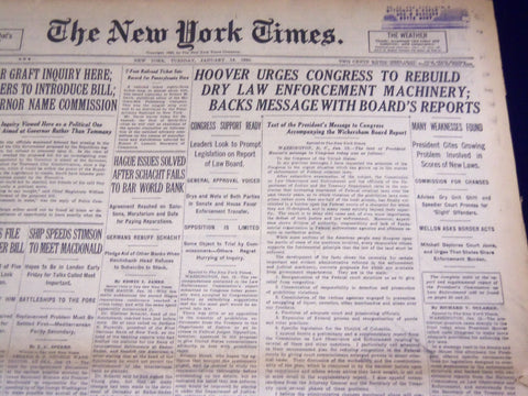 1930 JAN 14 NEW YORK TIMES - HOOVER URGES CONGRESS TO REBUILD DRY LAW - NT 1649