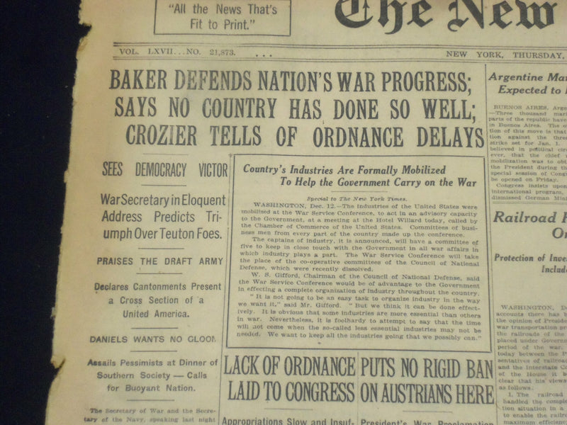 1917 DECEMBER 13 NEW YORK TIMES - BAKER DEFENDS NATION'S WAR PROGRESS - NT 8260