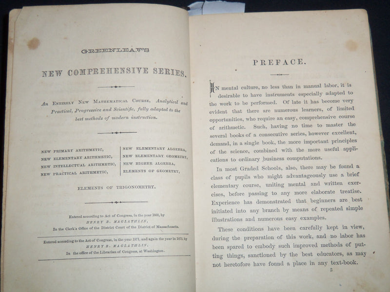 1873 GREENLEAF'S NEW ELEMENTARY ARITHMETIC VOLUME BENJAMIN GREENLEAF - KD 4814Y