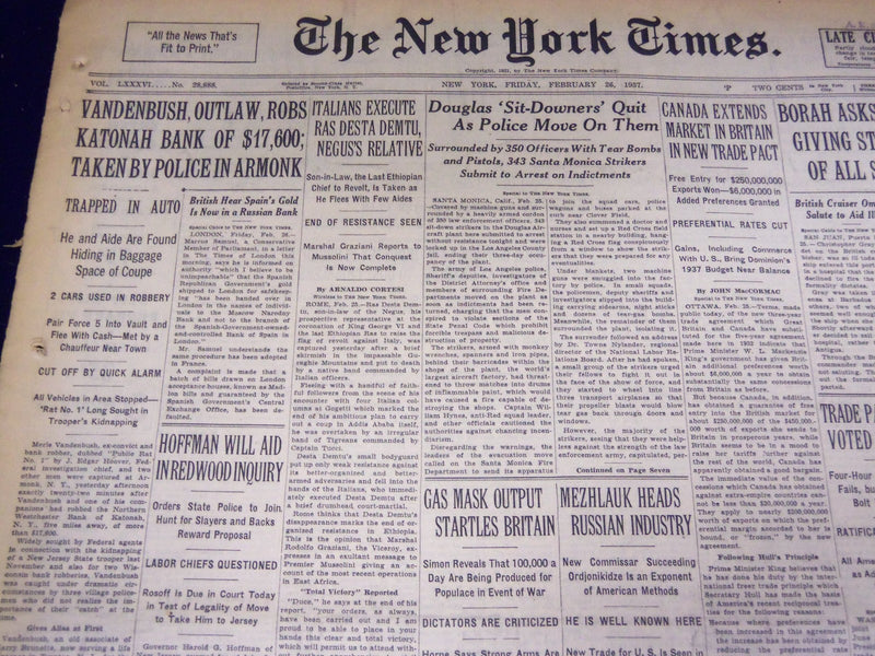 1937 FEBRUARY 26 NEW YORK TIMES - VANDENBUSH ROBS KATONAH BANK - NT 3445