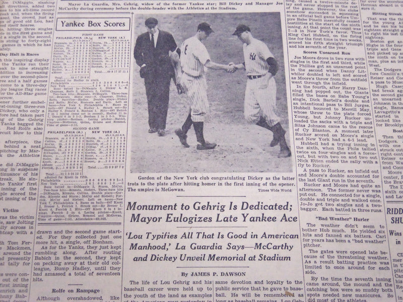 1941 JULY 7 NEW YORK TIMES - LOU GEHRIG MONUMENT UNVEILED - NT 5151