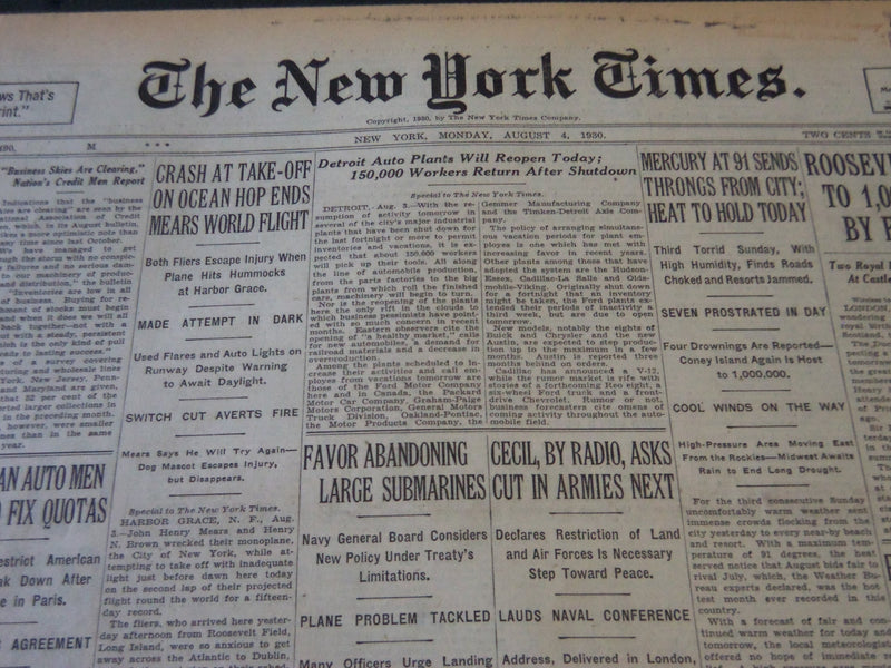 1930 AUGUST 4 NEW YORK TIMES - DETROIT AUTO PLANTS WILL OPEN TODAY - NT 5697