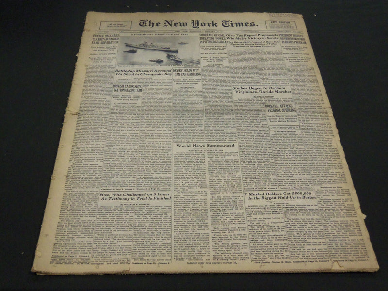 1950 JAN 18 NEW YORK TIMES - BATTLESHIP MISSOURI AGROUND IN CHESAPEAKE - NT 4578