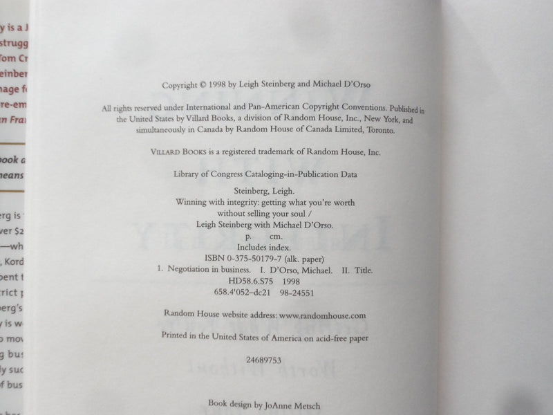 1998 WINNING WITH INTEGRITY HARDCOVER BOOK BY LEIGH STEINBERG - SIGNED - KD 9328