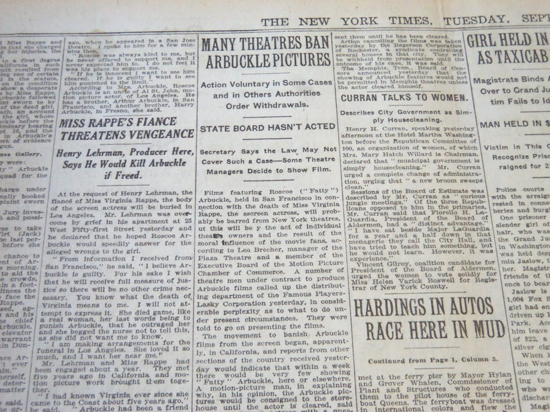 1921 SEPT 13 NEW YORK TIMES - ARBUCKLE DRAGGED RAPPE TO ROOM WOMAN - NT 6468