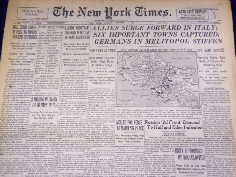 1943 OCTOBER 17 NEW YORK TIMES - ALLIES SURGE FORWARD IN ITALY - NT 1760