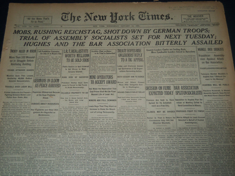 1920 JAN 14 NEW YORK TIMES NEWSPAPER - MOBS RUSHING - REICHSTAG SHOT- NT 7556
