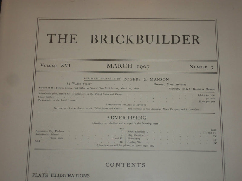 1907 MARCH THE BRICKBUILDER MAGAZINE - AN ARCHITECTURAL MONTHLY - ST 528R