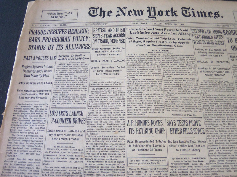 1938 APRIL 26 NEW YORK TIMES - PRAGUE REBUFFS HENLEIN - NT 6235