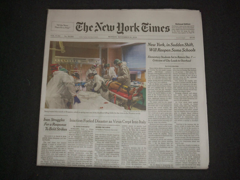 2020 NOVEMBER 30 NEW YORK TIMES-NEW YORK, SUDDEN SHIFT, WILL REOPEN SOME SCHOOLS