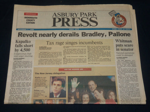 1990 NOVEMBER 7 THE ASBURY PARK PRESS NEWSPAPER - BRADLEY - PALLONE WIN- NP 4919