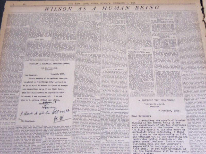1921 DEC 4 NY TIMES SPECIAL FEATURES - WILSON AS A HUMAN BEING - NT 7073