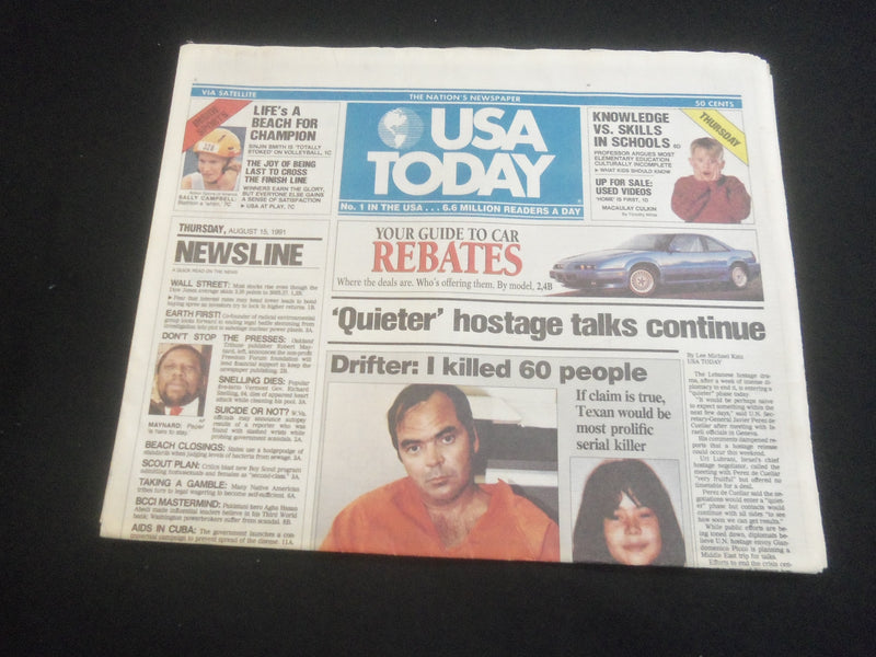 1991 AUGUST 15 USA TODAY NEWSPAPER - 'QUIETER' HOSTAGE TALKS CONTINUE - NP 5870