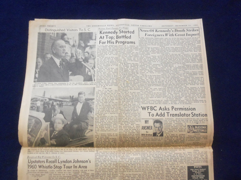 1963 NOV 22 THE GREENVILLE NEWS NEWSPAPER - JFK IS ASSASSINATED - NP 6444