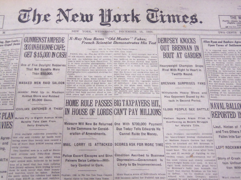 1920 DEC 15 NEW YORK TIMES - DEMPSEY KO'S BRENNAN - GIPP LOSES FIGHT - NT 5331