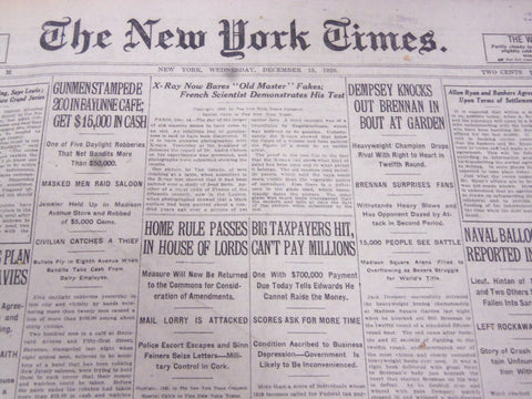 1920 DEC 15 NEW YORK TIMES - DEMPSEY KO'S BRENNAN - GIPP LOSES FIGHT - NT 5331