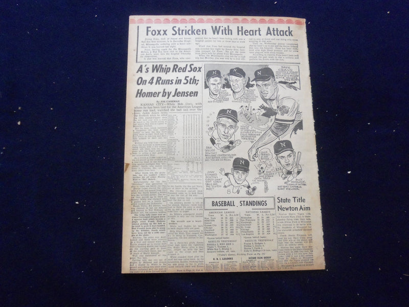 1958 JUNE 21 BOSTON RECORD AMERICAN NEWSPAPER- JIMMY FOXX HEART ATTACK - NP 6265
