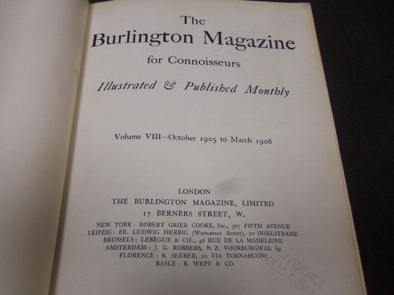 1905 OCTOBER-1906 MARCH THE BURLINGTON MAGAZINE BOUND VOLUME NO. 8 - R 701