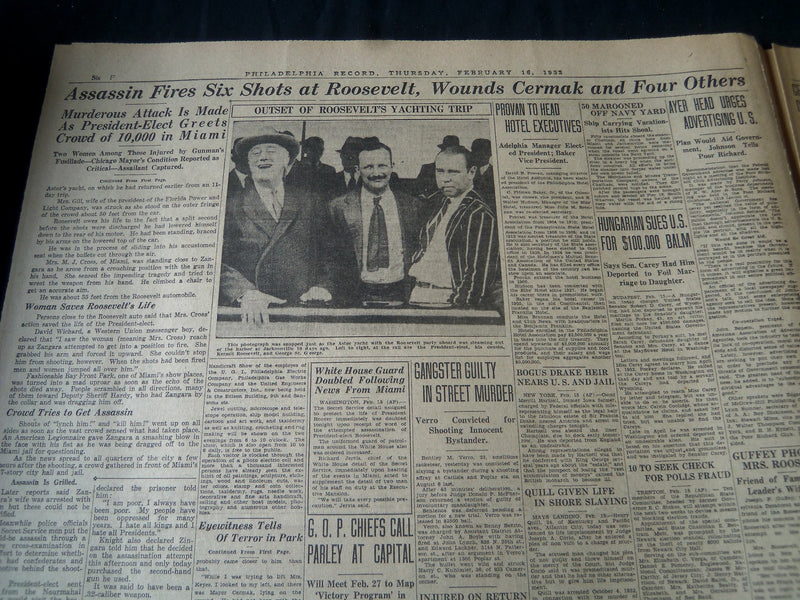 1933 FEB 16 PHILADELPHIA RECORD NEWSPAPER-ROOSEVELT FIRED ON BY ZANGARA- NT 7261