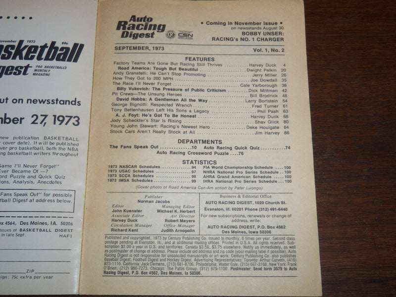 1973 SEPTEMBER AUTO RACING DIGEST MAGAZINE ISSUE NO. 2 - A. J. FOYT - K 1152