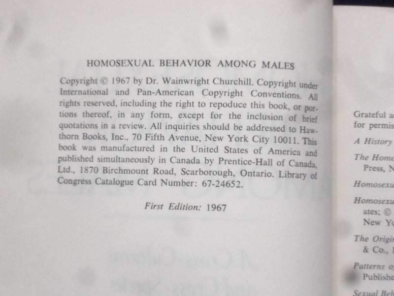 1967 HOMOSEXUAL BEHAVIOR AMONG MALES HARDCOVER BOOK BY W. CHURCHILL - KD 8691