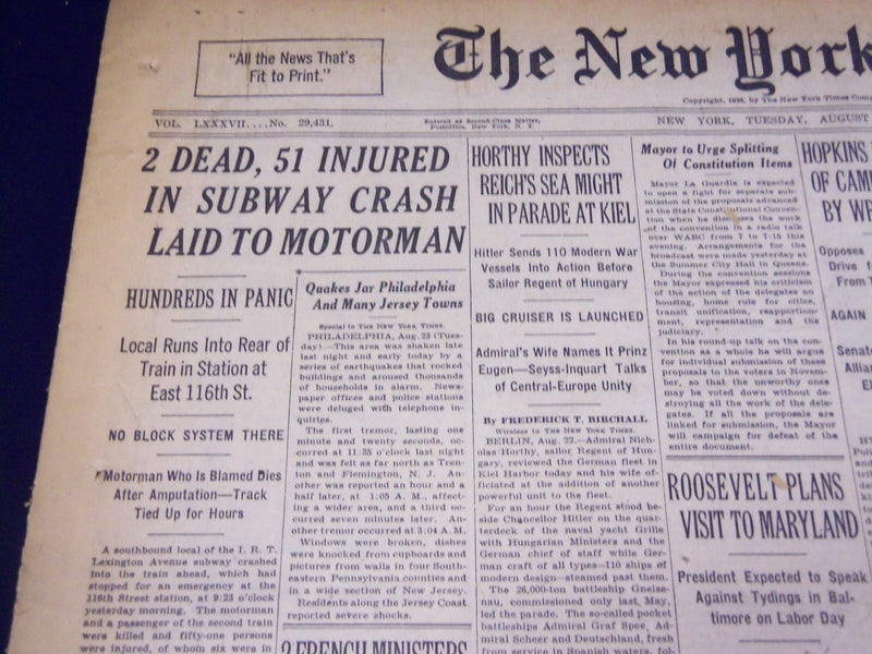 1938 AUG 23 NEW YORK TIMES - 2 DEAD, 51 INJURED IN SUBWAY CRASH MOTORMAN- NT 705