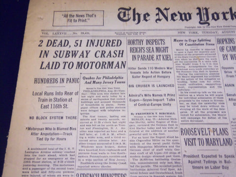 1938 AUG 23 NEW YORK TIMES - 2 DEAD, 51 INJURED IN SUBWAY CRASH MOTORMAN- NT 705