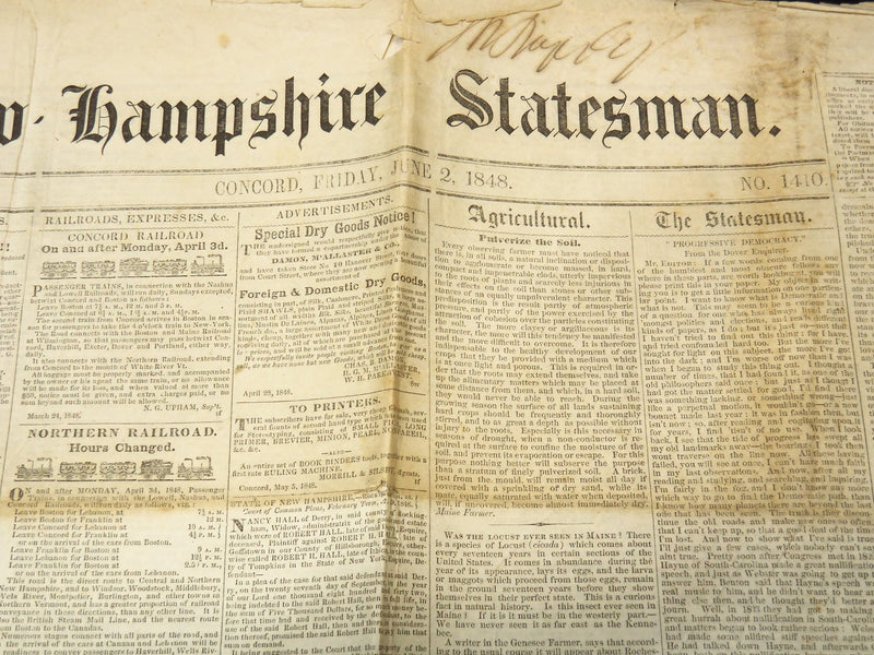 1848 JUNE 2 NEW HAMPSHIRE STATESMAN NEWSPAPER - HANS C. ANDERSEN - NP 3297F