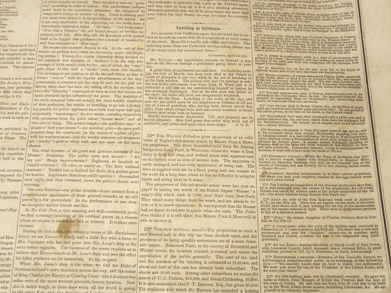 1851 MAY 24 BOSTON MUSEUM NEWSPAPER - SAMUEL THURSTON - LYNCHING - NP 9023
