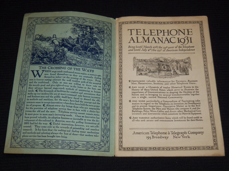 1931 TELEPHONE ALMANAC PUBLISHED BY AMERICAN TELEPHONE & TELEGRAPH CO. - J 7281