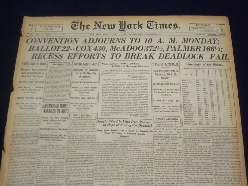 1920 JULY 4 NEW YORK TIMES - CONVENTION ADJOURNS TO 10 A.M. MONDAY - NT 9320
