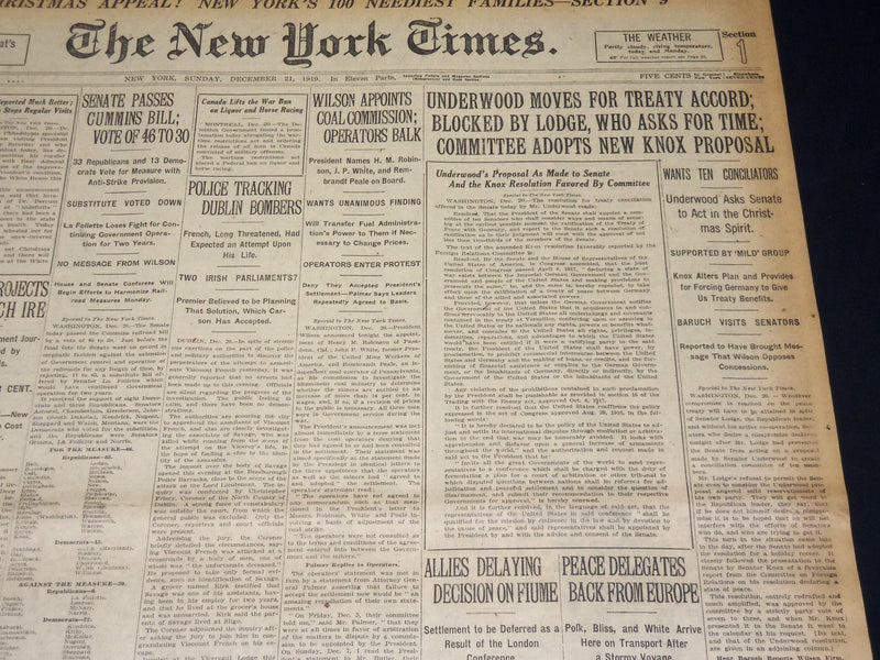 1919 DECEMBER 21 NEW YORK TIMES - UNDERWOOD MOVES FOR TREATY ACCORD - NT 8536