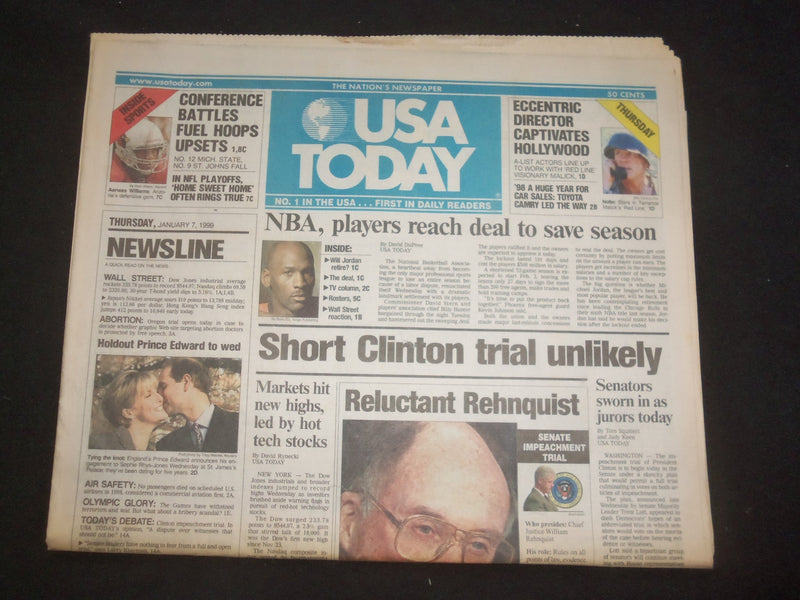 1999 JANUARY 7 USA TODAY NEWSPAPER - SHORT CLINTON TRIAL UNLIKELY - NP 7983