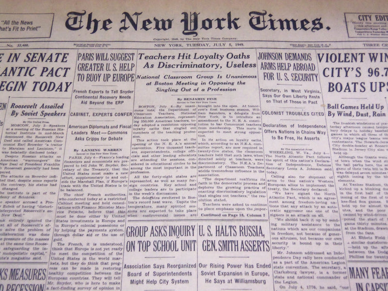 1949 JULY 5 NEW YORK TIMES - TEACHERS HIT LOYALTY OATHS DISCRIMINATORY - NT 2636