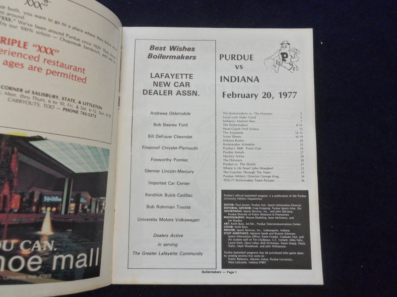 1977 FEB 20 COLLEGE BASKETBALL PROGRAM - PURDUE UNIV VS. INDIANA UNIV- SP 1533T