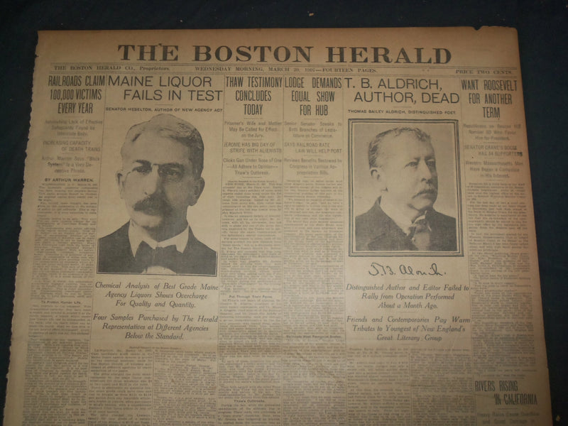 1907 MARCH 20 THE BOSTON HERALD - T. B. ALDRICH AUTHOR DEAD - BH 14