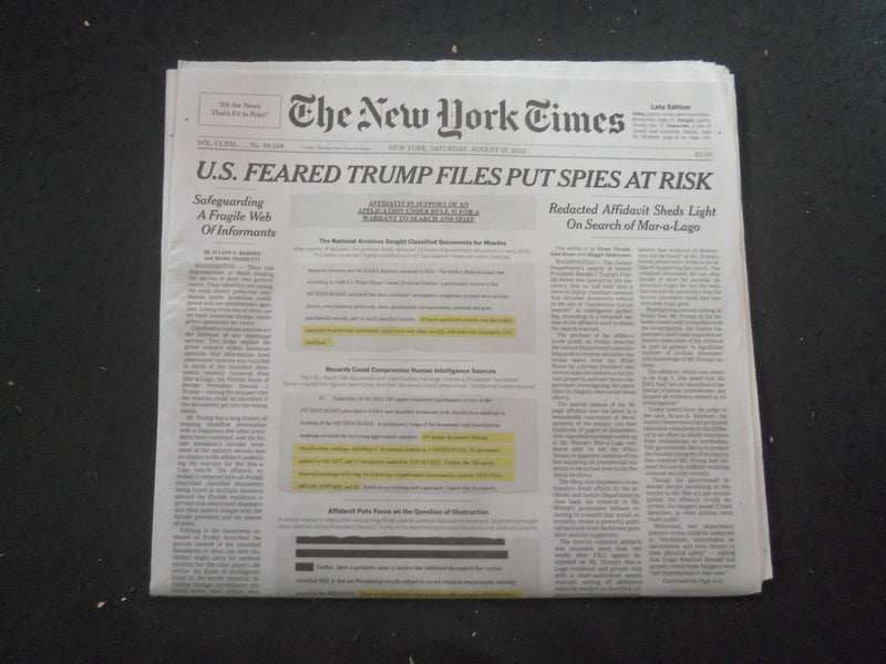 2022 AUGUST 27 NEW YORK TIMES - U.S FEARED TRUMP FILES PUT SPIES AT RISK