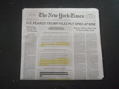 2022 AUGUST 27 NEW YORK TIMES - U.S FEARED TRUMP FILES PUT SPIES AT RISK