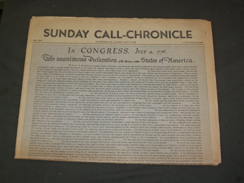 1976 JULY 4 SUNDAY CALL-CHRONICLE NEWSPAPER-DECLARATION OF INDEPENDENCE- NP 3200