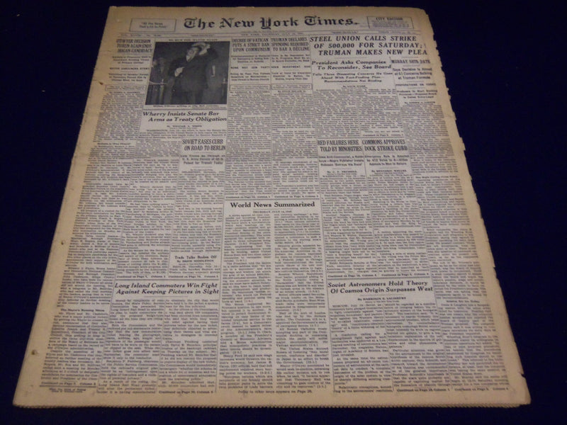 1949 JULY 14 NEW YORK TIMES - STEEL UNION CALLS STRIKE FOR SATURDAY - NT 2650