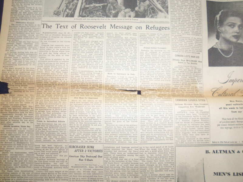 1944 JUNE 13 NEW YORK TIMES -AMERICANS WIN CARENTAN, A KEY TO CHERBOURG- NP 6566