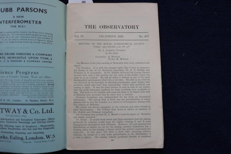 1953 DECEMBER THE OBSERVATORY A REVIEW OF ASTRONOMY - SOFTCOVER BOOK - K 1443
