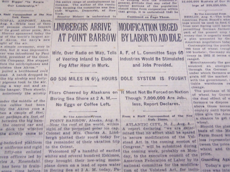 1931 AUGUST 9 NEW YORK TIMES - LINDBERGHS AT POINT BARROW - NT 4127