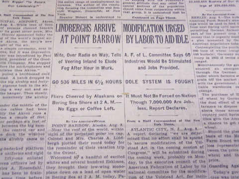 1931 AUGUST 9 NEW YORK TIMES - LINDBERGHS AT POINT BARROW - NT 4127
